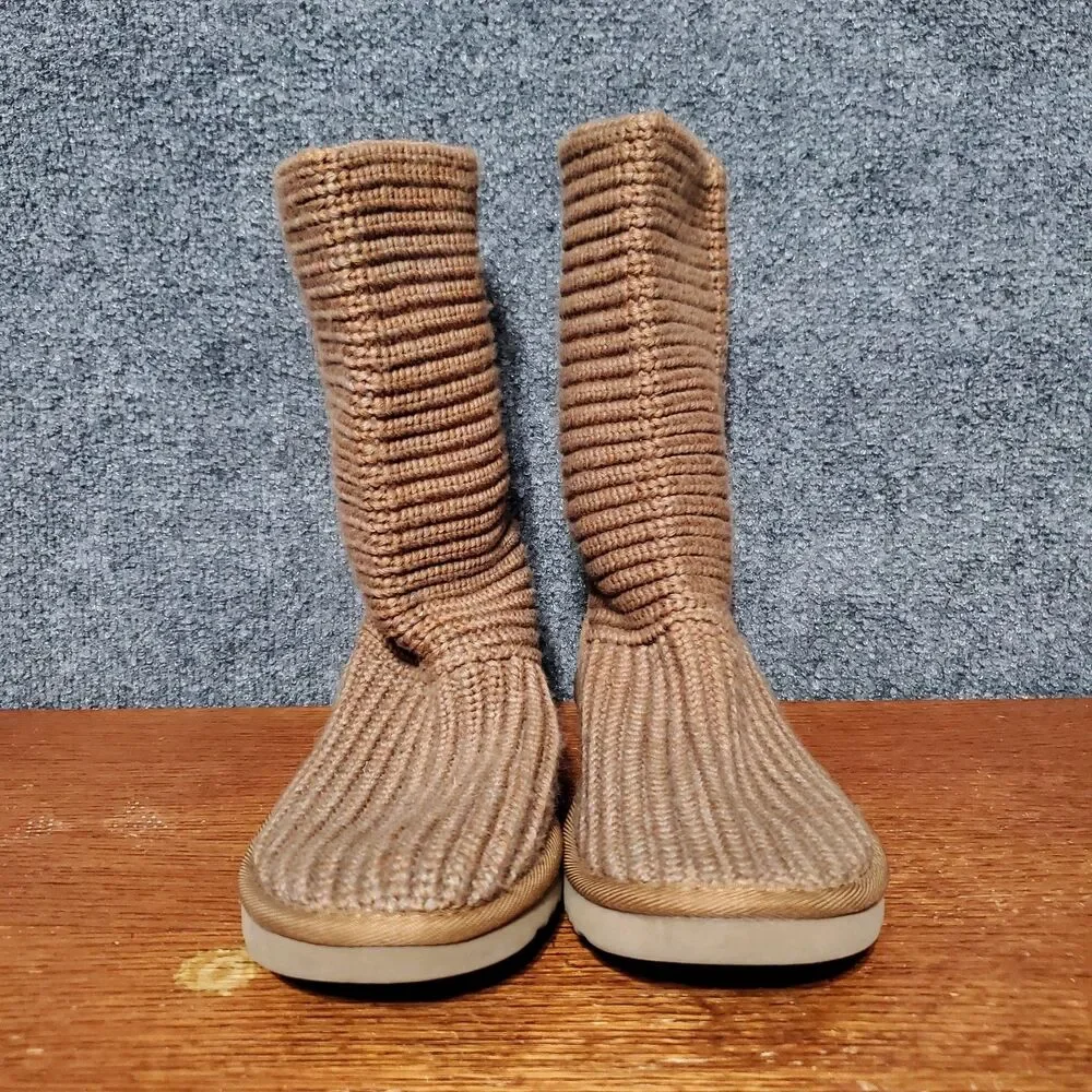 UGG Classic Crochet Boots Womens Size 7 Tan Brown Sheep Skin Knitted Casual Rare